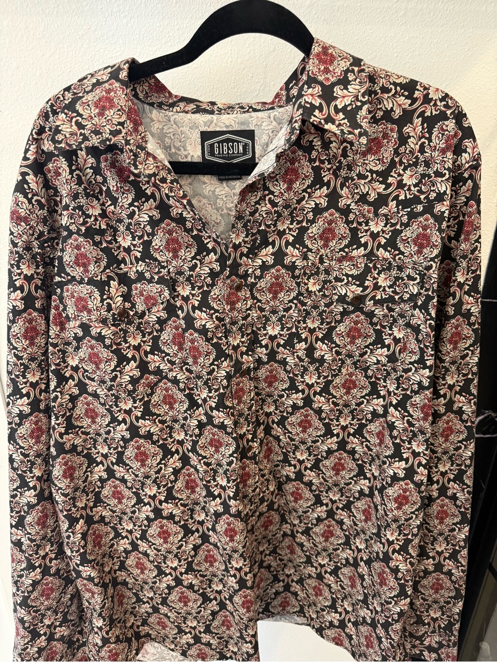 Gibson Black Long-Sleeve Shirt with Red and Cream Floral Medallions